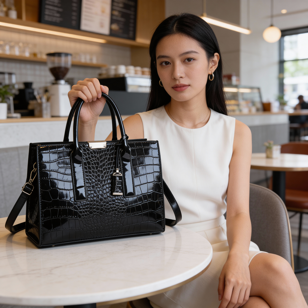 Croc-Embossed Burgundy Tote